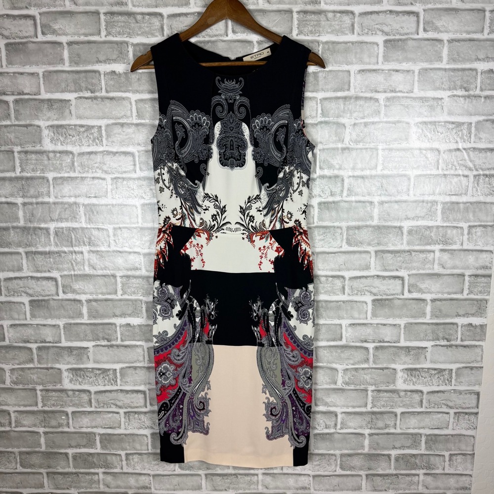 Etro Paisley Print Sleeveless Sheath Dress Black White Floral Made in Italy 44